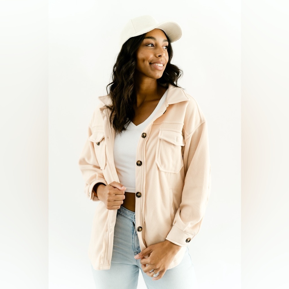 Zenana All About the Fleece Lightweight Button-Down Shacket soft peach small